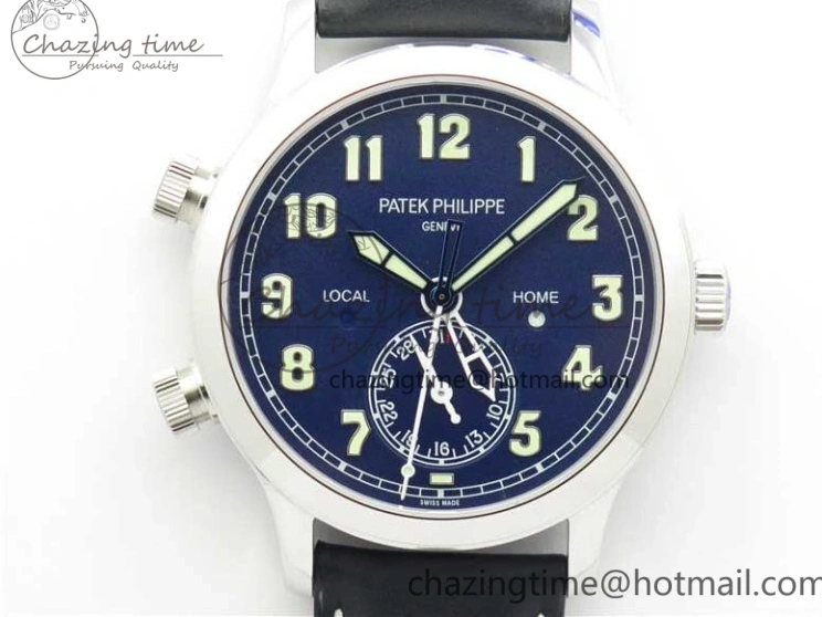 MIROTIME 0404 Practical Calatrava 5524 Pilot Travel Time SS GRF Blue Dial on Black Leather Strap A324 V 7107